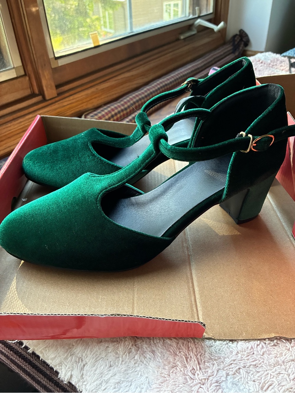 Green Velvet T-Strap Block Heel Pumps
